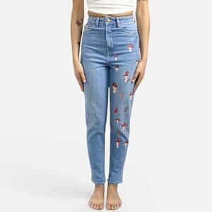 H&M High Waist Light Wash Hand Painted Mushrooms Wilderkin Woodland Jeans Sz XS